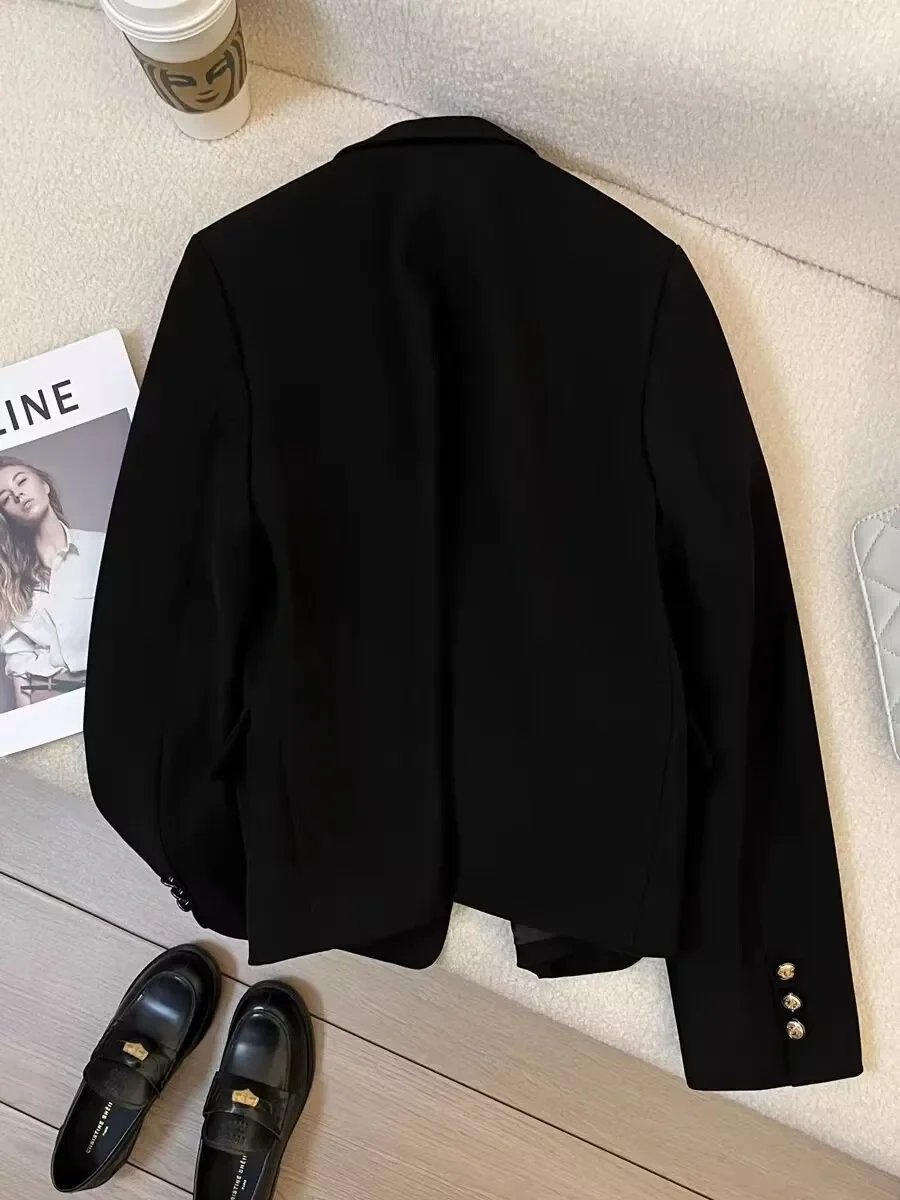 معطف نسائي صغير للخريف/الشتاء بتصميم جديد Preppy معطف غير رسمي مصمم أسود مقصوص بلون سادة ملابس على الطراز الغربي