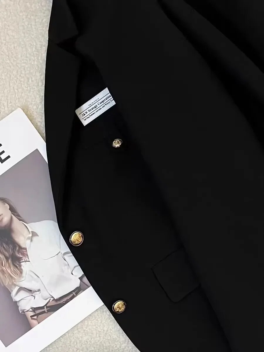 معطف نسائي صغير للخريف/الشتاء بتصميم جديد Preppy معطف غير رسمي مصمم أسود مقصوص بلون سادة ملابس على الطراز الغربي