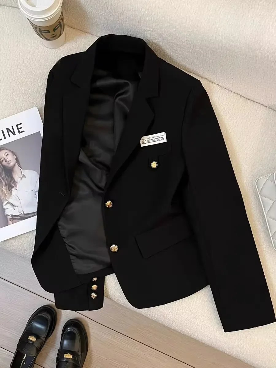 معطف نسائي صغير للخريف/الشتاء بتصميم جديد Preppy معطف غير رسمي مصمم أسود مقصوص بلون سادة ملابس على الطراز الغربي
