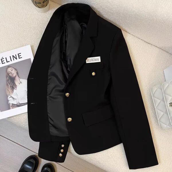 ⁦معطف نسائي صغير للخريف/الشتاء بتصميم جديد Preppy معطف غير رسمي مصمم أسود مقصوص بلون سادة ملابس على الطراز الغربي⁩ - الصورة ⁦3⁩