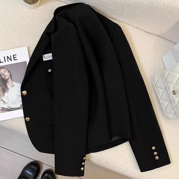 ⁦معطف نسائي صغير للخريف/الشتاء بتصميم جديد Preppy معطف غير رسمي مصمم أسود مقصوص بلون سادة ملابس على الطراز الغربي⁩ - الصورة ⁦2⁩