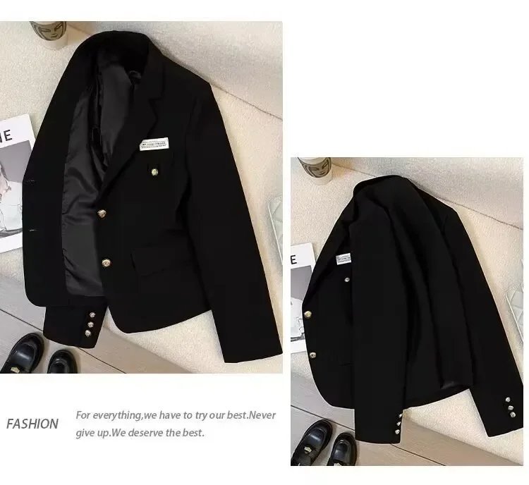 معطف نسائي صغير للخريف/الشتاء بتصميم جديد Preppy معطف غير رسمي مصمم أسود مقصوص بلون سادة ملابس على الطراز الغربي