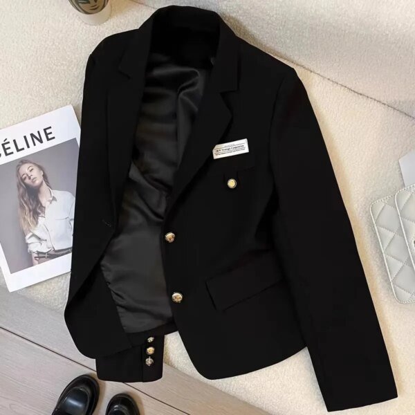 ⁦معطف نسائي صغير للخريف/الشتاء بتصميم جديد Preppy معطف غير رسمي مصمم أسود مقصوص بلون سادة ملابس على الطراز الغربي⁩ - الصورة ⁦1⁩