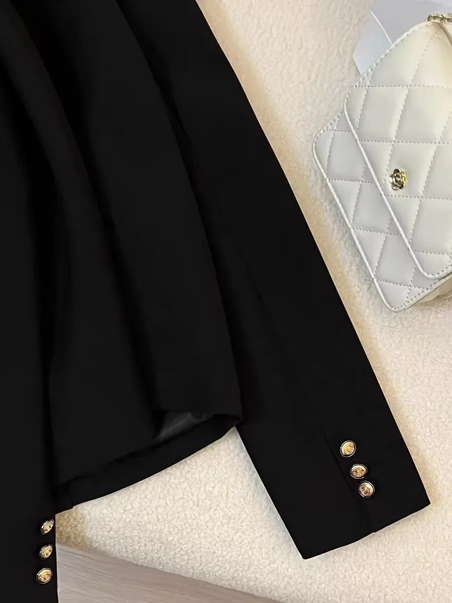 معطف نسائي صغير للخريف/الشتاء بتصميم جديد Preppy معطف غير رسمي مصمم أسود مقصوص بلون سادة ملابس على الطراز الغربي