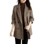 ⁦Women Houndstooth Coat Stylish Women's Houndstooth Tweed Coat with Long Sleeves Pockets Vintage Outerwear for Autumn Winter Wear⁩ - الصورة ⁦5⁩