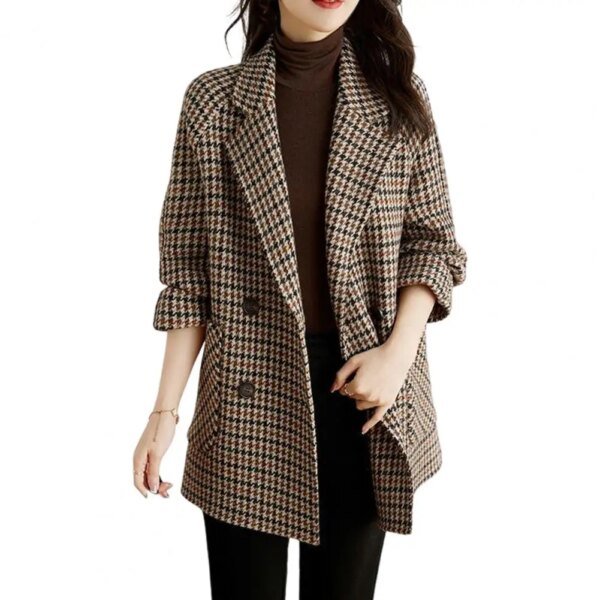 ⁦Women Houndstooth Coat Stylish Women's Houndstooth Tweed Coat with Long Sleeves Pockets Vintage Outerwear for Autumn Winter Wear⁩ - الصورة ⁦5⁩