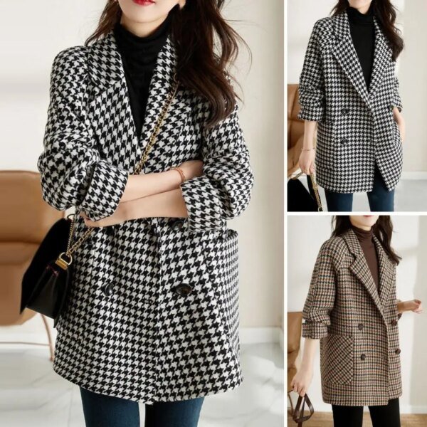⁦Women Houndstooth Coat Stylish Women's Houndstooth Tweed Coat with Long Sleeves Pockets Vintage Outerwear for Autumn Winter Wear⁩ - الصورة ⁦1⁩