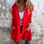 women solid button hooded pocket jacket casual loose red grey streetwear autumn winter jackets coat outerwear fall tops