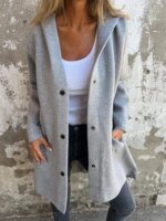 women solid button hooded pocket jacket casual loose red grey streetwear autumn winter jackets coat outerwear fall tops - الصورة 3