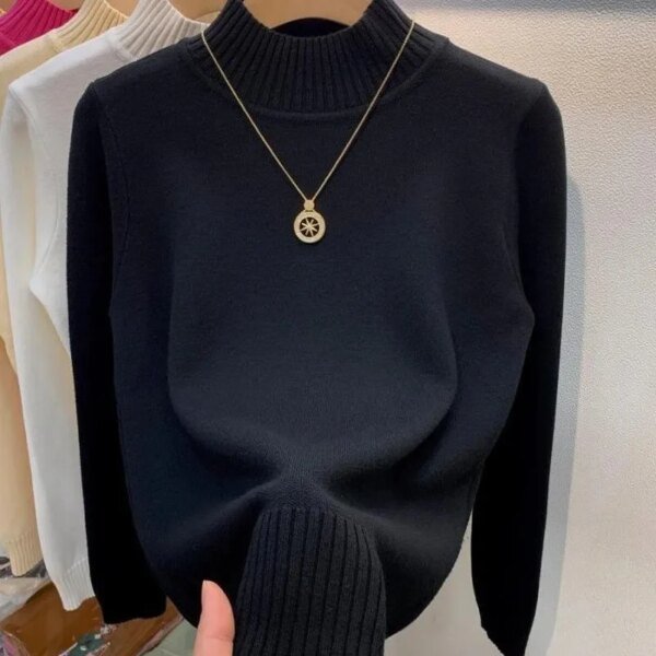 ⁦2024 Autumn Women Pullover Sweater Fashion Half Turtleneck Knitted Female Jumper Long Sleeve Winter Black Soft Elastic Blouse⁩ - الصورة ⁦4⁩
