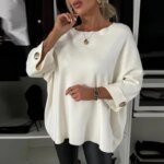 ⁦2024 الشتاء زر على الموضة سترة فضفاضة الخريف أنيقة س الرقبة بلوفر مغزول المرأة السببية كم طويل بلون البلوز القمم⁩ - الصورة ⁦2⁩