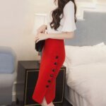 ⁦أنيقة النساء Vintage مكتب سيدة التنانير ضئيلة عالية الخصر أزرار شق قلم رصاص التنانير النساء الصيف مثير S-5XL تمتد ميدي التنانير⁩ - الصورة ⁦5⁩