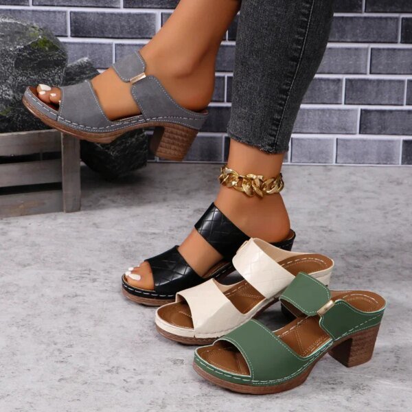 ⁦Women Summer Lightweight Hollow Sandals High Heels New Dress Chunky Open Toe Slippers Female 2024 Casual Slingback Slides Shoes⁩ - الصورة ⁦1⁩